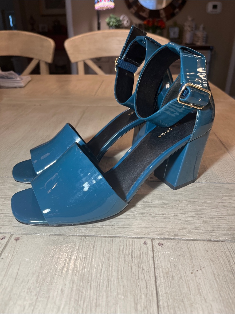Via Spiga Teal Patent Block Heel Sandals with Ankle Buckle